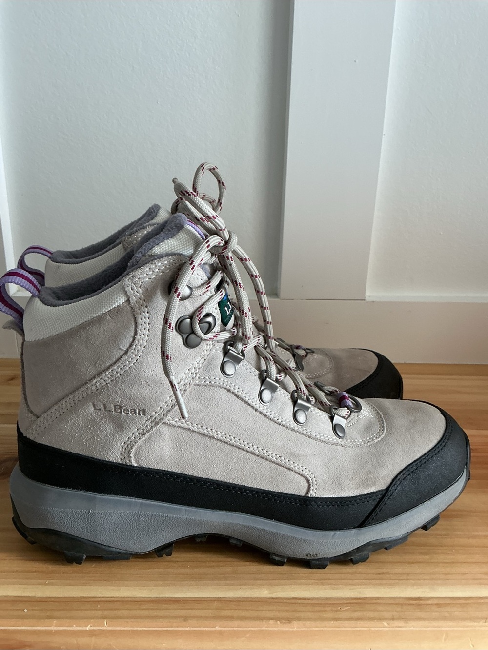 L.L. Bean Women's Light Gray and Black Suede Hiking Boots with Purple Accents